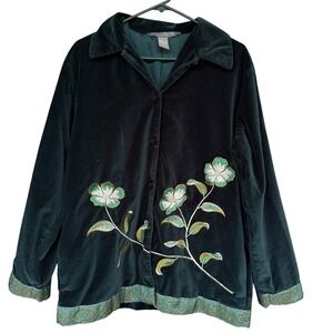 Jessica Holbrook Jacket Womens Medium Green Velvet Floral Embroidered Boho
